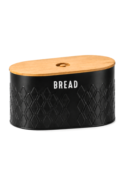 Bambu Kapaklı Siyah Metal Ekmeklik – 34 × 19 × 16 cm