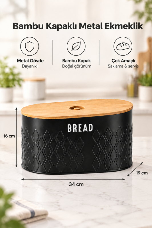 Bambu Kapaklı Siyah Metal Ekmeklik – 34 × 19 × 16 cm