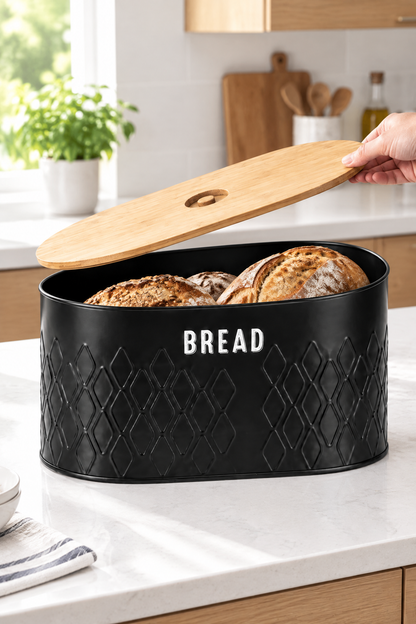 Bambu Kapaklı Siyah Metal Ekmeklik – 34 × 19 × 16 cm