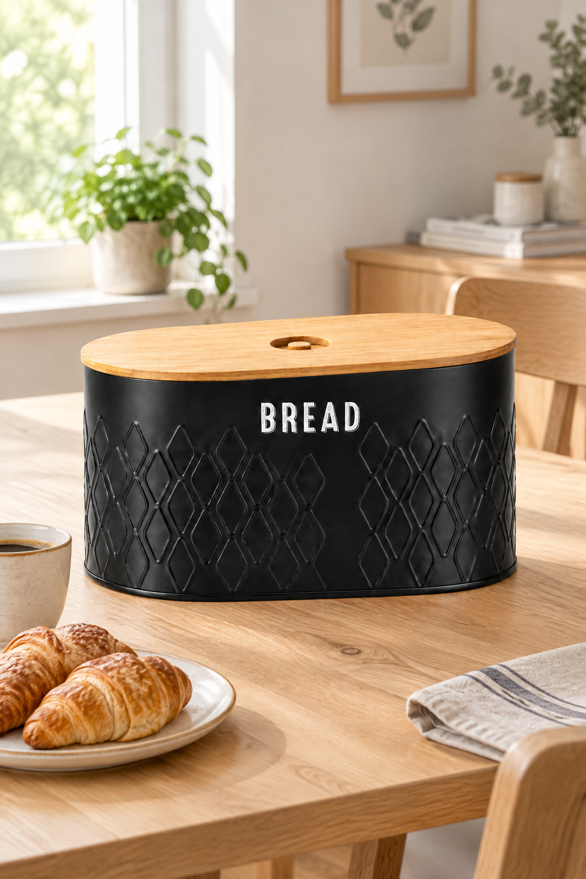 Bambu Kapaklı Siyah Metal Ekmeklik – 34 × 19 × 16 cm