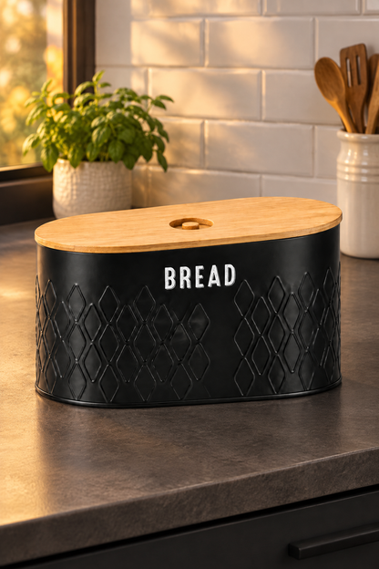 Bambu Kapaklı Siyah Metal Ekmeklik – 34 × 19 × 16 cm