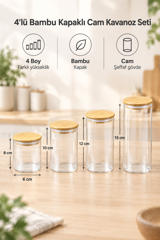 4'lü Bambu Kapaklı Cam Kavanoz Seti, 4 Farklı Boy 6x8 / 6x10 / 6x12 / 6x15 cm, Şeffaf Saklama Kavanozu