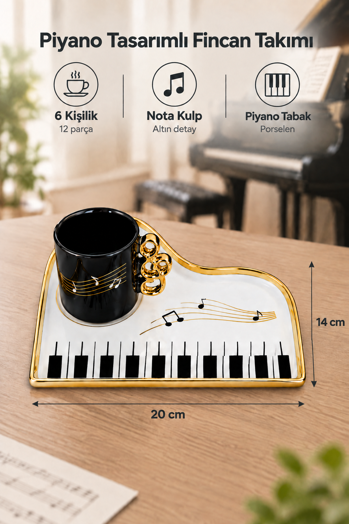 6 Kişilik Piyano Tasarımlı Porselen Fincan Takımı, Siyah Fincan, Altın Nota Kulplu, Piyano Tabaklı, 12 Parça