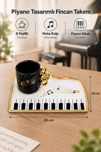 6 Kişilik Piyano Tasarımlı Porselen Fincan Takımı, Siyah Fincan, Altın Nota Kulplu, Piyano Tabaklı, 12 Parça