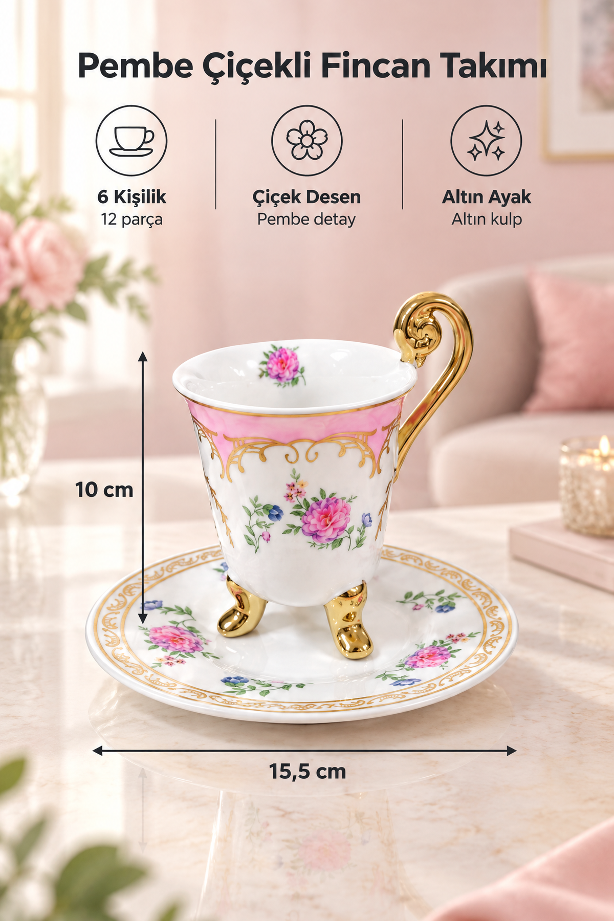 6 Kişilik Porselen Fincan Takımı, Pembe Çiçek Desenli, Altın Ayaklı ve Kulplu, 12 Parça