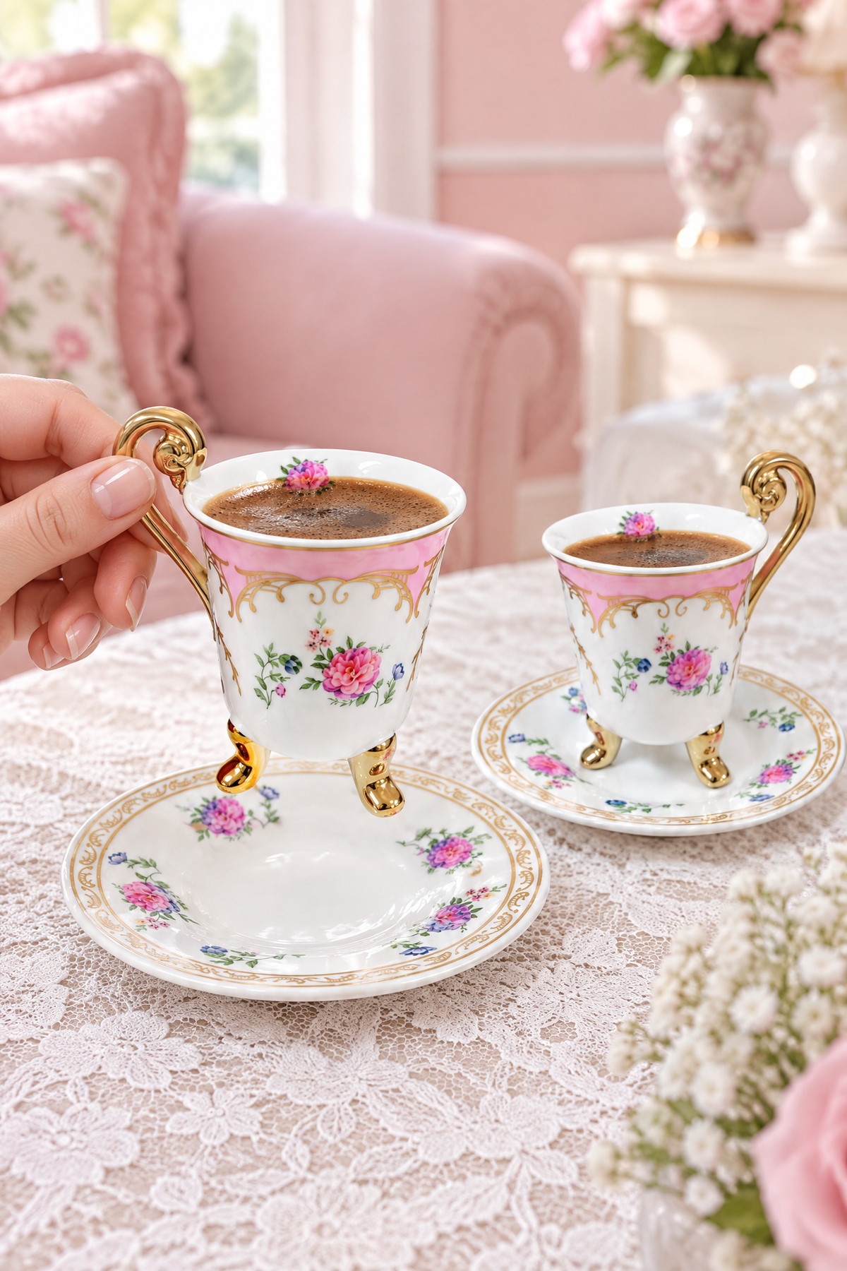 6 Kişilik Porselen Fincan Takımı, Pembe Çiçek Desenli, Altın Ayaklı ve Kulplu, 12 Parça