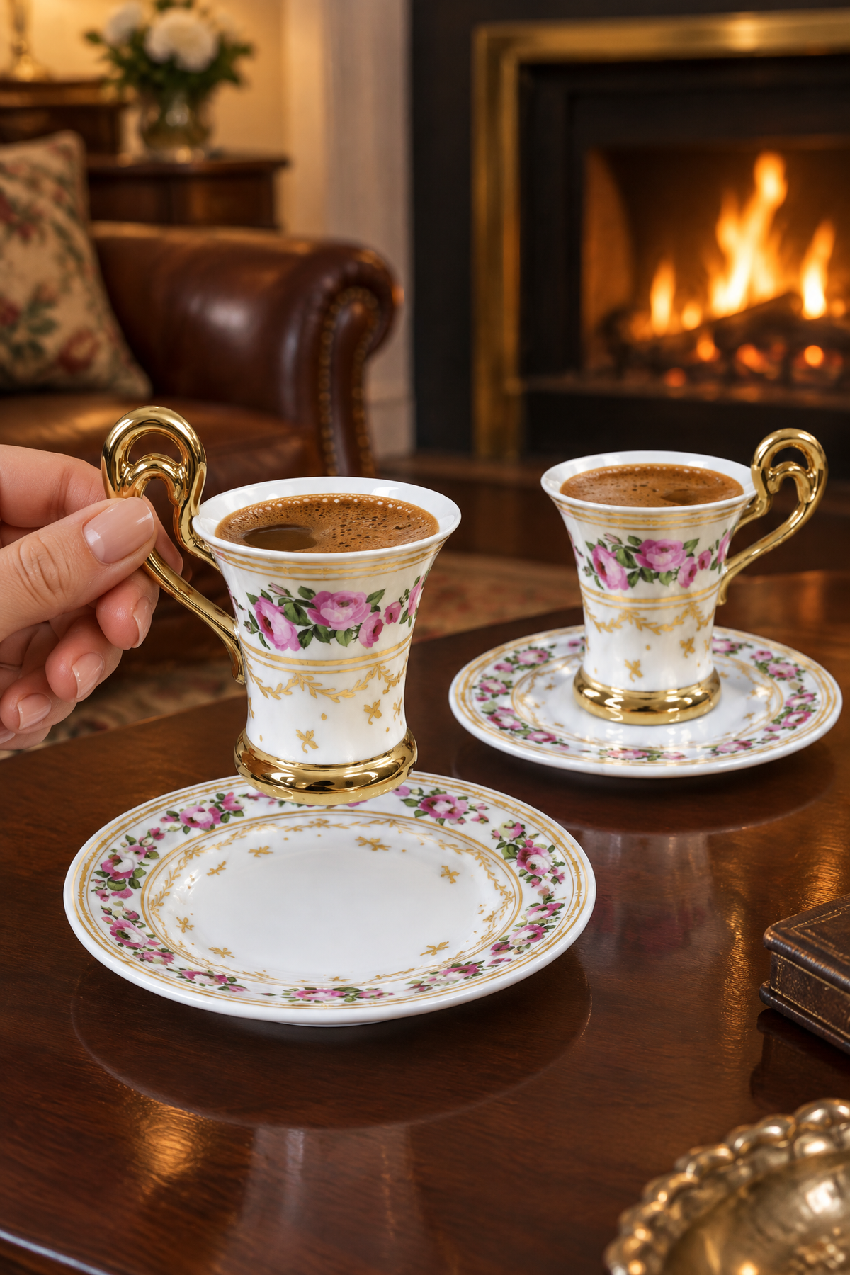 6 Kişilik Porselen Fincan Takımı, Gül Bordürlü, Altın Kulplu, 12 Parça
