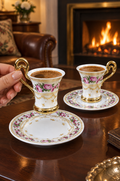 6 Kişilik Porselen Fincan Takımı, Gül Bordürlü, Altın Kulplu, 12 Parça
