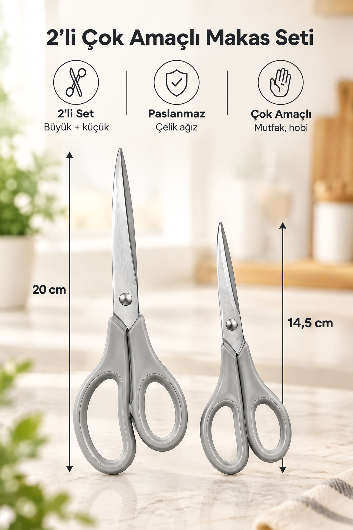2'li Çok Amaçlı Makas Seti – Küçük Boy Gri, 14.5 Cm