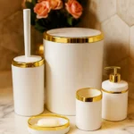 Banyo Seti 5'li, Akrilik - Çöp Kovası, WC Fırçalık, Sıvı Sabunluk, Diş Fırçalık, El Sabunluk - Gold Renk Detay