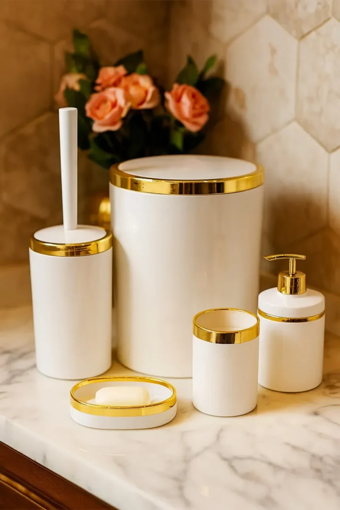 Banyo Seti 5'li, Akrilik - Çöp Kovası, WC Fırçalık, Sıvı Sabunluk, Diş Fırçalık, El Sabunluk - Gold Renk Detay - Görsel 1