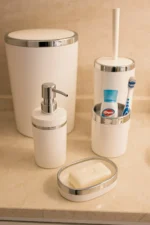 Banyo Seti 5'li, Yuvarlak, Akrilik-Çöp Kovası, WC Fırçalık, Sıvı Sabunluk, Diş Fırçalık, El Sabunluk