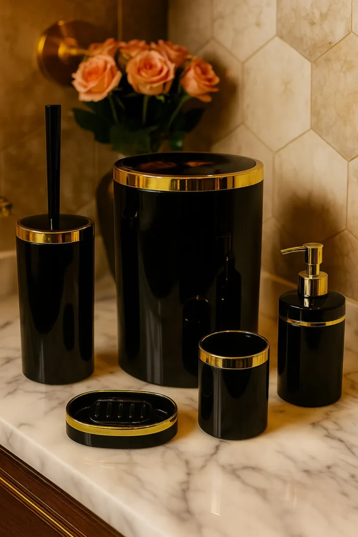Banyo Seti 5'li, Akrilik - Çöp Kovası, WC Fırçalık, Sıvı Sabunluk, Diş Fırçalık, El Sabunluk - Gold Renk Detay - Görsel 27