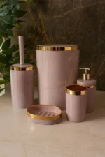 Banyo Seti 5'li, Akrilik - Çöp Kovası, WC Fırçalık, Sıvı Sabunluk, Diş Fırçalık, El Sabunluk - Gold Renk Detay - Görsel 28