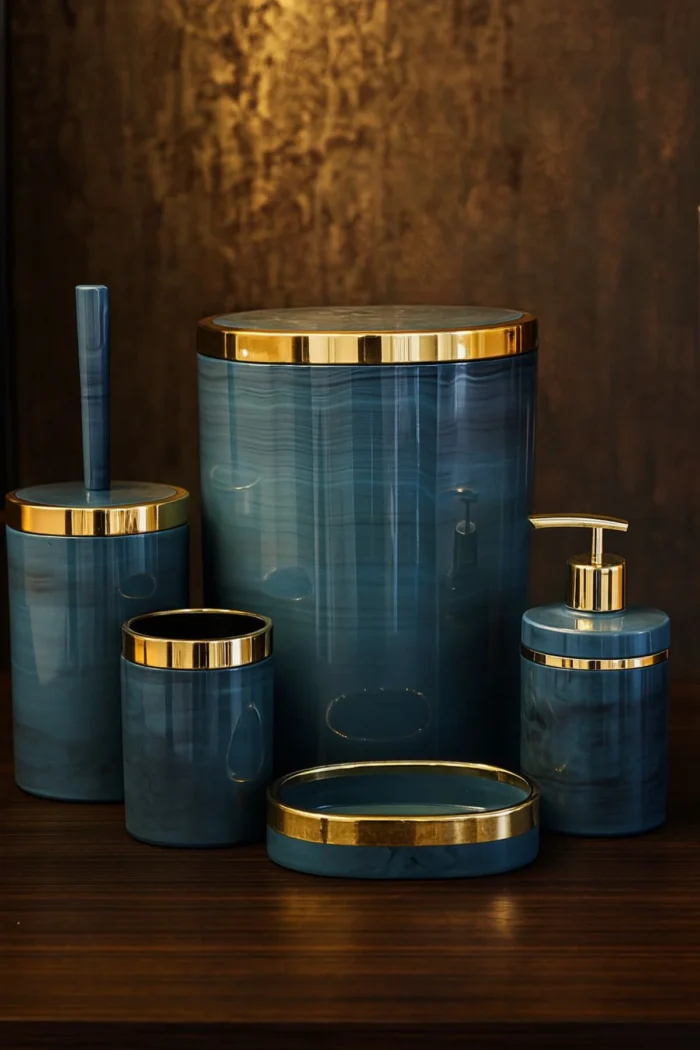 Banyo Seti 5'li, Akrilik - Çöp Kovası, WC Fırçalık, Sıvı Sabunluk, Diş Fırçalık, El Sabunluk - Gold Renk Detay - Görsel 29