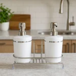 Stantlı 2'li Sıvı Sabunluk Seti Süngerlikli - Gümüş Renk Detaylı