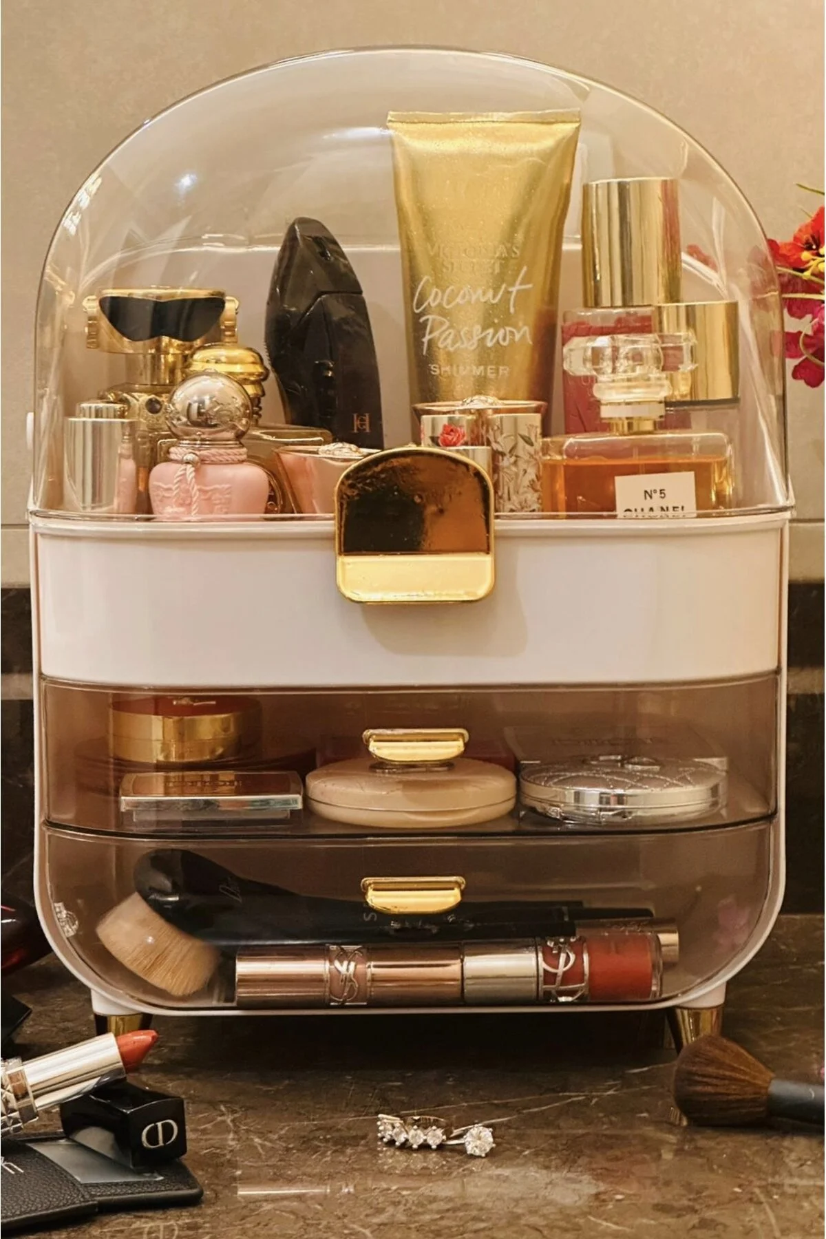 MAKYAJMERCEDES1 3 Katlı Kırılmaz Şeffaf Kapaklı Makyaj ve Takı Organizeri, 2 Çekmeceli, 19×27×36(yükseklik) cm - Görsel 1