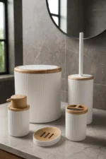 Beyaz Bambu Desenli 5 Parça Banyo Seti, Şık Tasarımlı, Hacim: 6 litre - Görsel 2