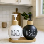 2'li Cam Sıvı Sabunluk Seti ve Bambu Stant (450 ml) | Siyah-Beyaz