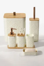 7 Parça Desenli Kare Bambu Kapaklı Beyaz Banyo Seti, Hacim: 8 litre - Görsel 2