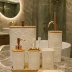 7 Parça Desenli Kare Bambu Kapaklı Beyaz Banyo Seti, Hacim: 8 litre