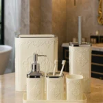 7 Parça Desenli Kare Click Kapaklı Beyaz Silver Banyo Seti, Hacim: 8 litre